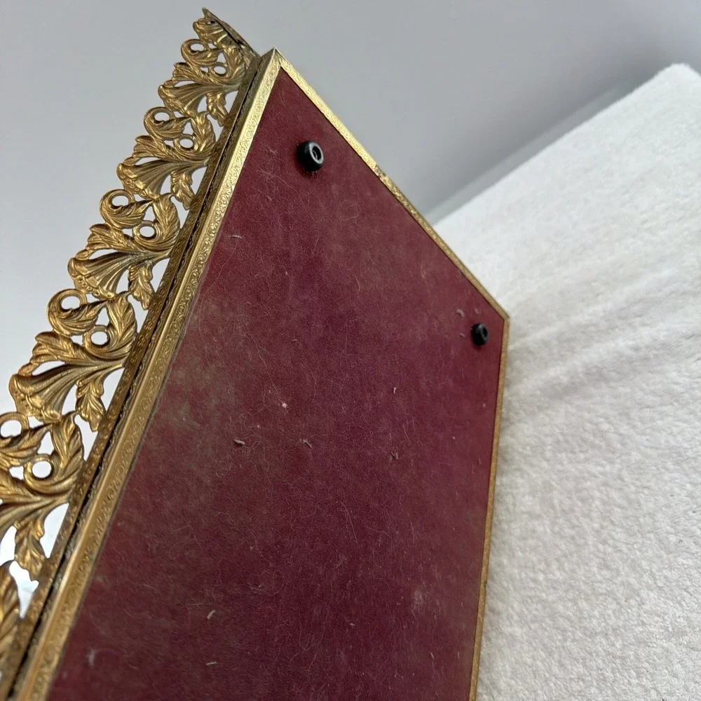 Vintage Footed Vanity Mirror Tray Floral Gold Tone Filigree Frame Felt 15